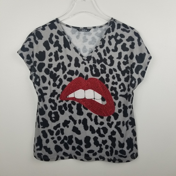Shein Rhinestone Red Lip Leopard Tee - Picture 3 of 8